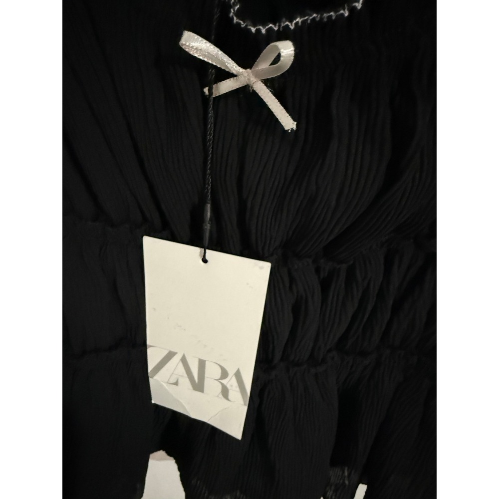 NWT Zara‎ Pleated Smocked Camisole Women L Black Bow Peplum Tank Top Festival - Picture 6 of 8